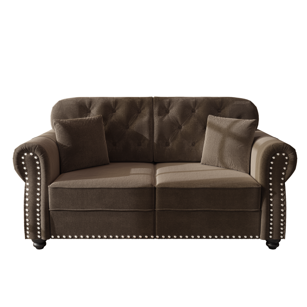 Brown velvet Chesterfield loveseat product photo