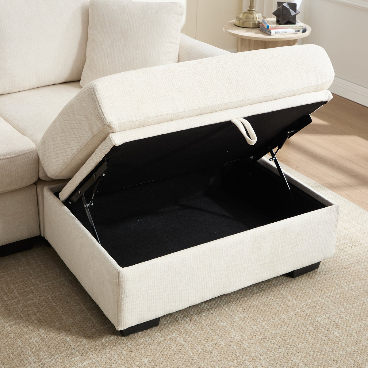 Modern Storage Sofa with Dual USB, 2 Side Pockets,Ottoman Storage Bench Cloud Sectional Chenille Sofa Oversized,4-Seat, L-Shaped Couch,Black