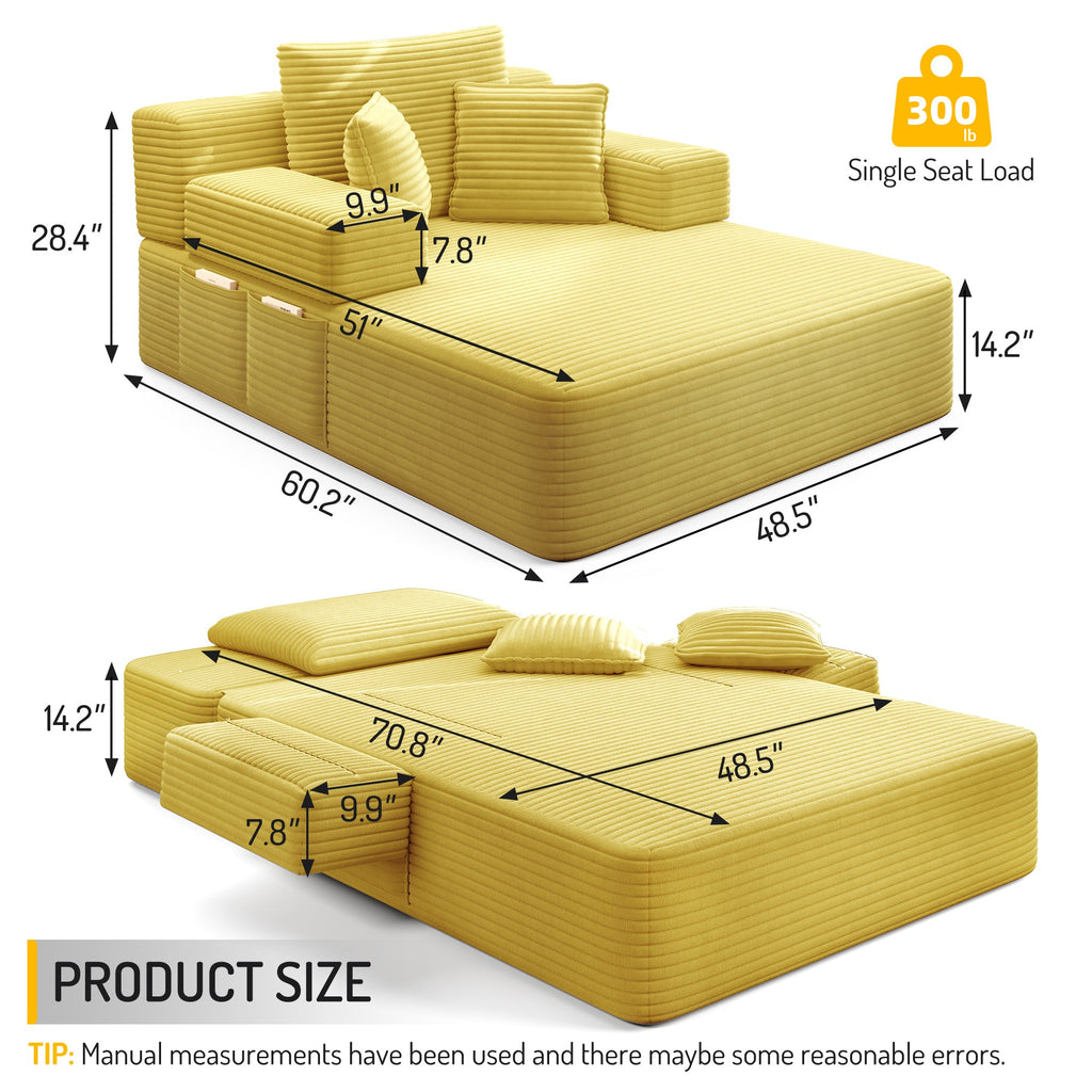 Oversized Plush Corduroy Chaise Lounge Sofa Bed,Convertible Sleeper Couch Bed w/ Storage Pockets,3 Soft Pillows,Multi-Functional Frameless Sofa Couch for Apartment,Home Theater,Guest Room,Beige&White
