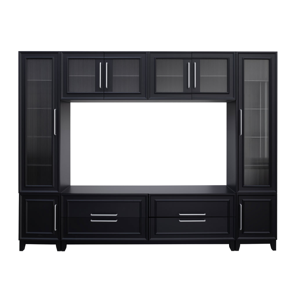 Black modern 102-inch wall unit entertainment center — front view