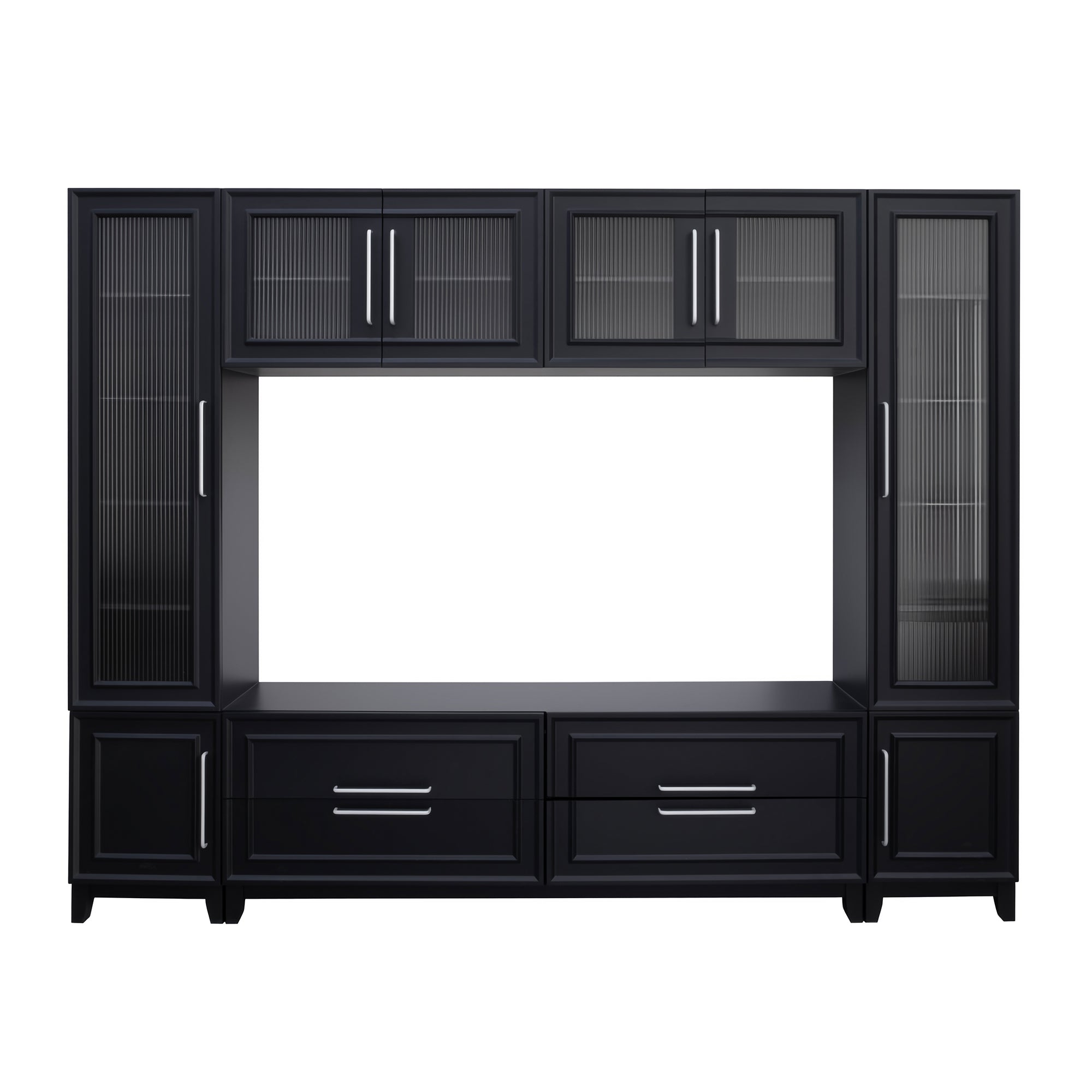 Black modern 102-inch wall unit entertainment center — front view