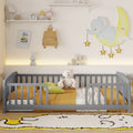 Full Size Floor Fence Bed with Central Entrance,Pine Wood Floor bed with Guardrails,Grey