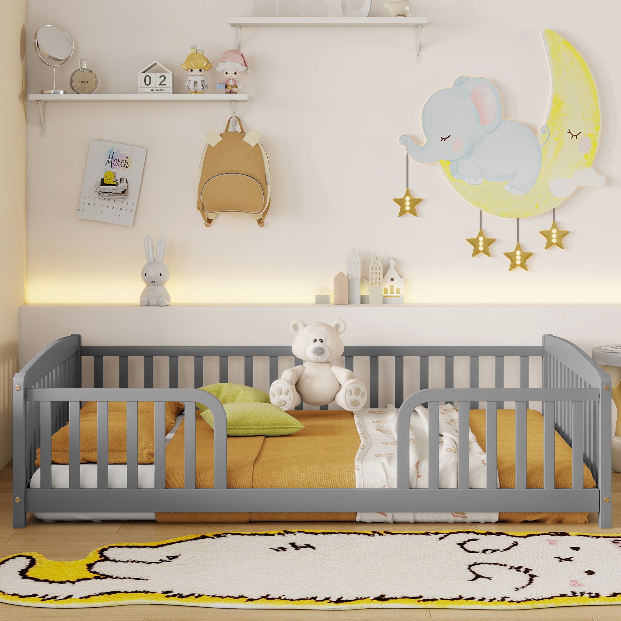 Full Size Floor Fence Bed with Central Entrance,Pine Wood Floor bed with Guardrails,Grey