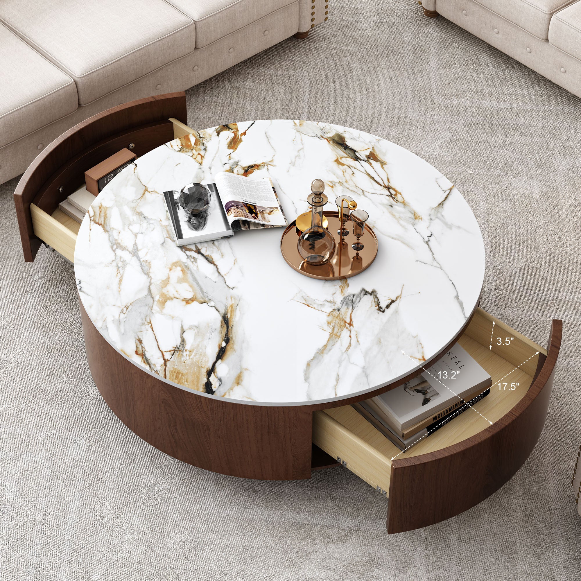 Modern round center table living room with drawers full view