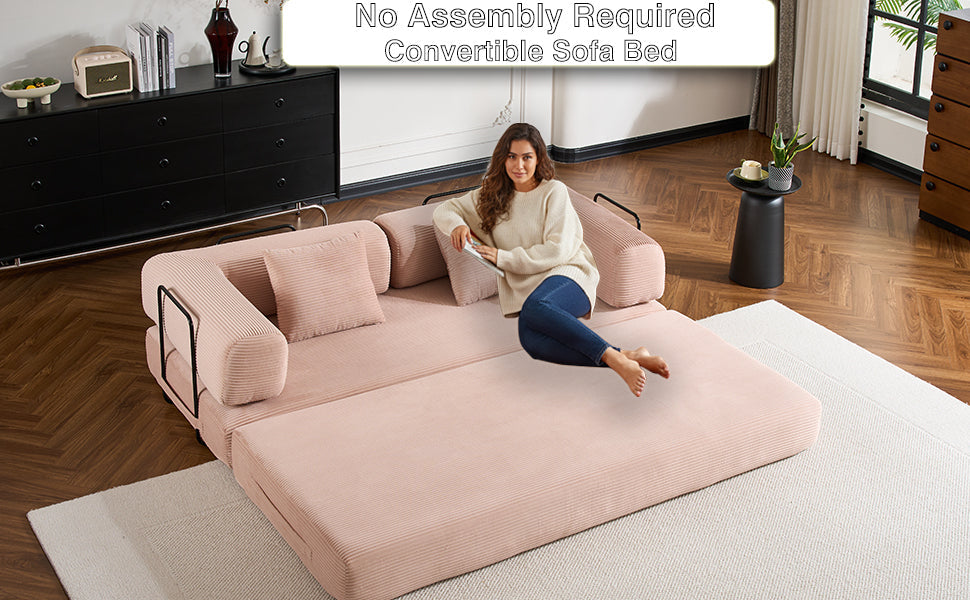 Convertible Sleeper Sofa Bed with Cylindrical Pillow, Corduroy Folding Mattress Couch with Fixed-Shape Frame, Floor Sofa Lounge Couch for Living Room Bedroom Black