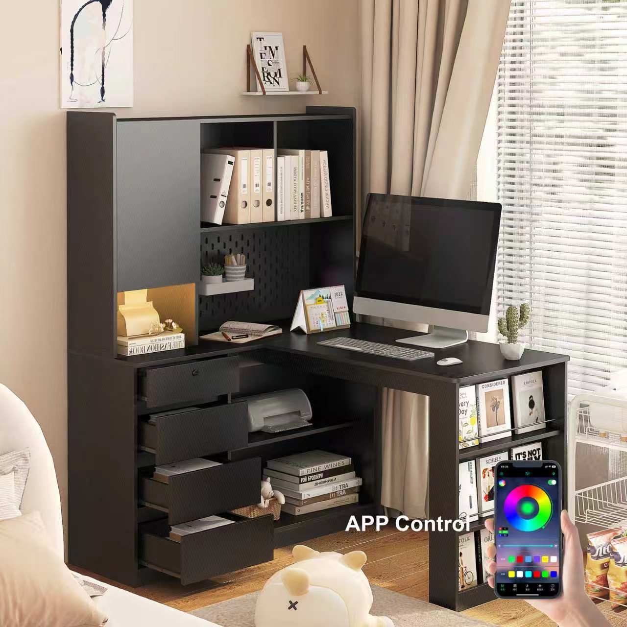 Black desk built-in USB ports and power outlets close-up