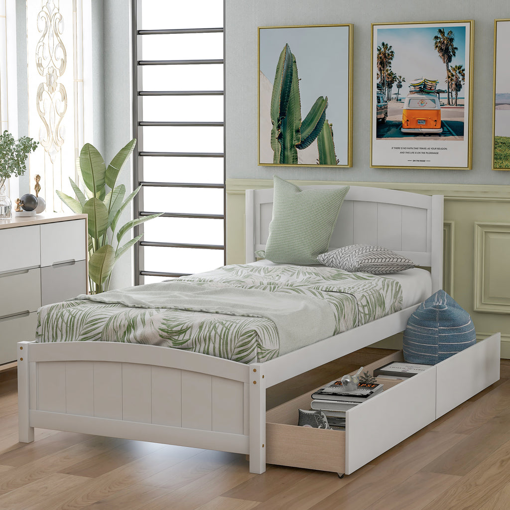 White twin platform bed with two drawers — front view