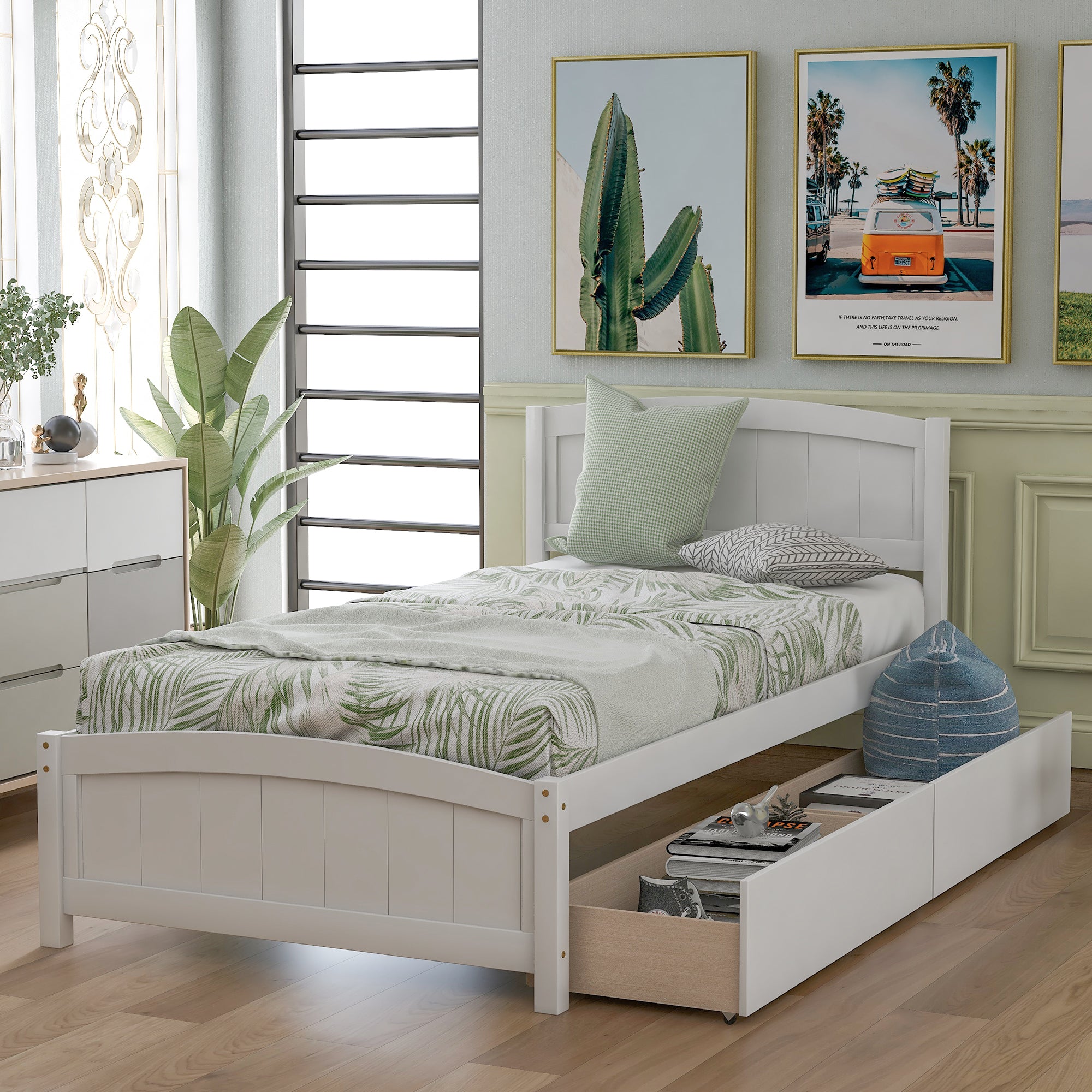 White twin platform bed with two drawers — front view