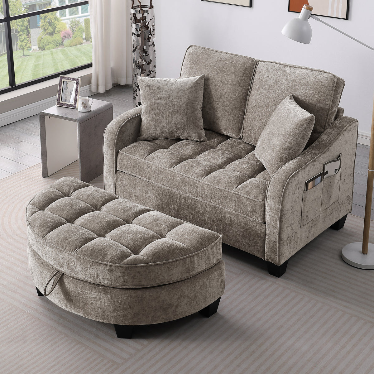 Two-seater sofa, double sofa chaise longue, with irregular armrests and backrests, footrest with storage space, comes with two small throw pillows, suitable for living room and bedroom -Blue