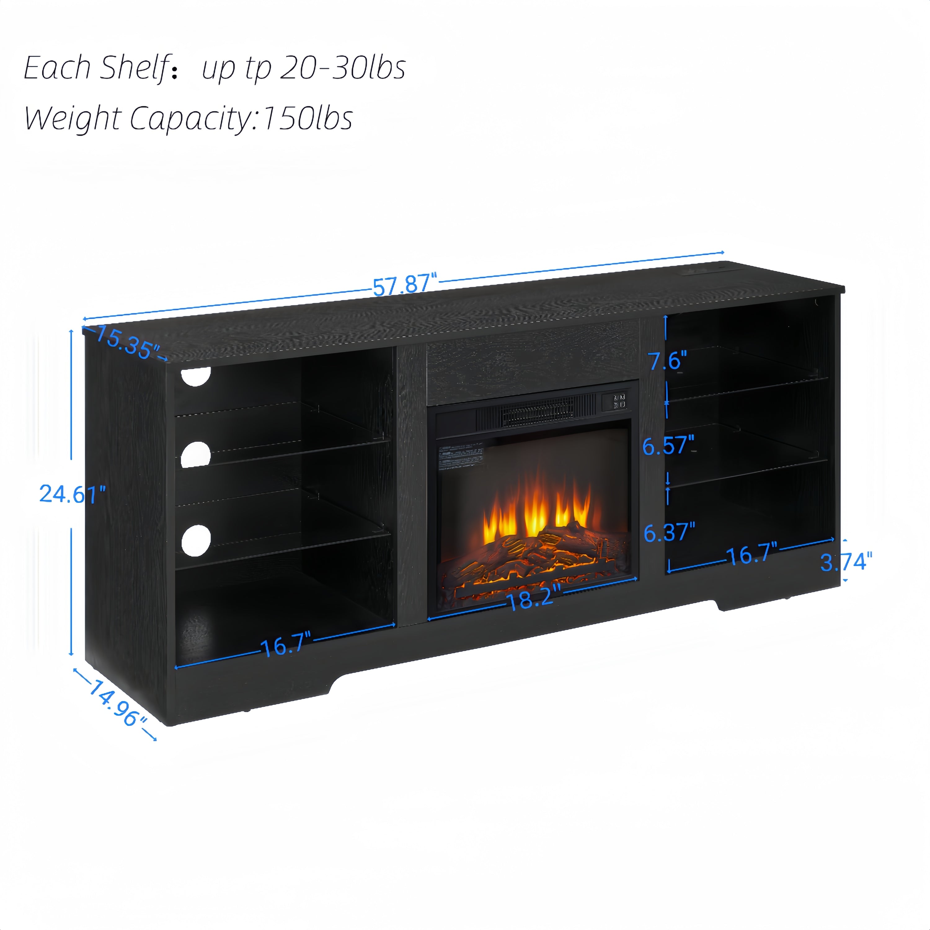 TV Stand with Electric Fireplace — Glass Shelves & USB Outlets for TVs Up to 62"
