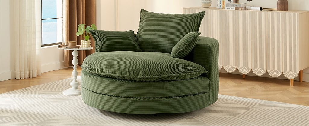 Corduroy Swivel Barrel Chair — 360° with Removable Pillows