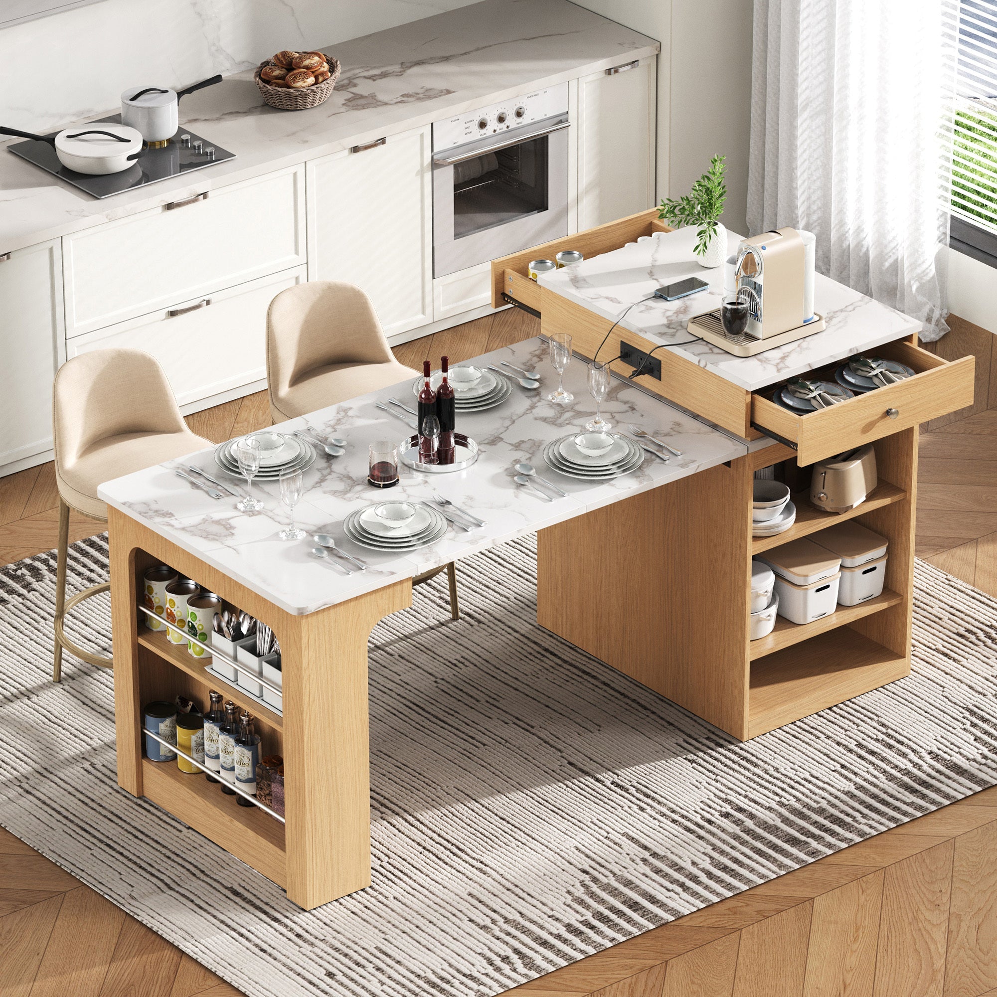K&K 59.5' Kitchen Island with Extendable Dining Table, Kitchen Storage Table with Double-sided Storage, Kitchen Island with 2 Drawers, Power Outlet, Side Open Shelves, for Kitchen, Dining Room, Black