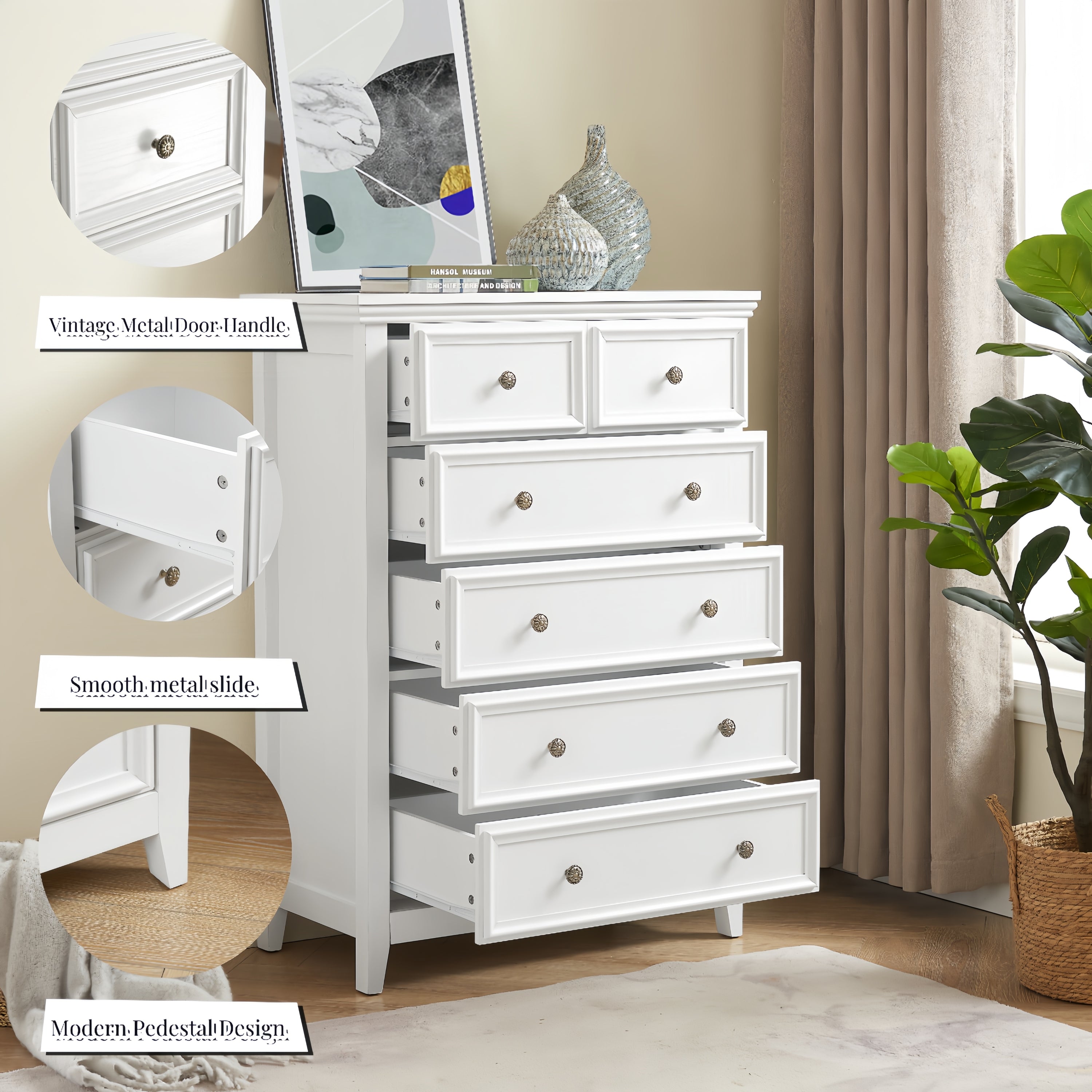 White bedroom dresser drawer open interior view