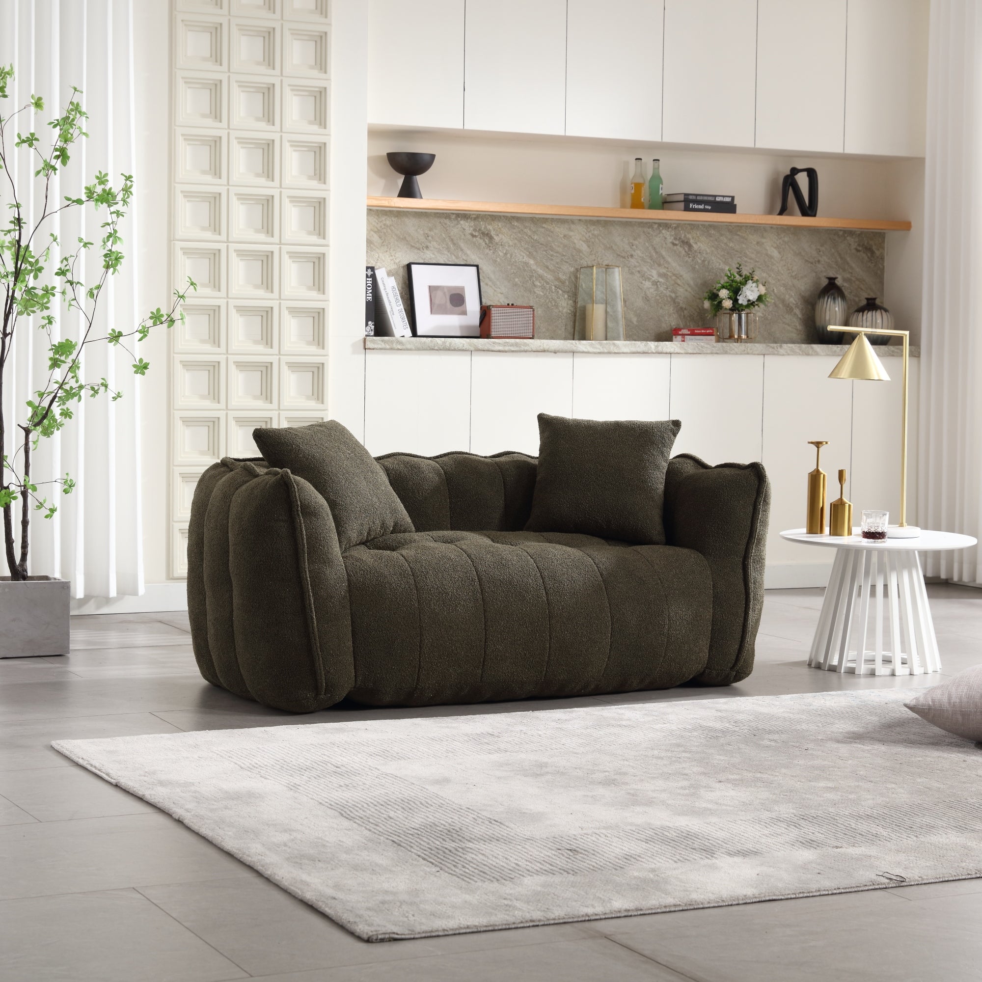 Oversized chenille bean bag with armrests — angle view
