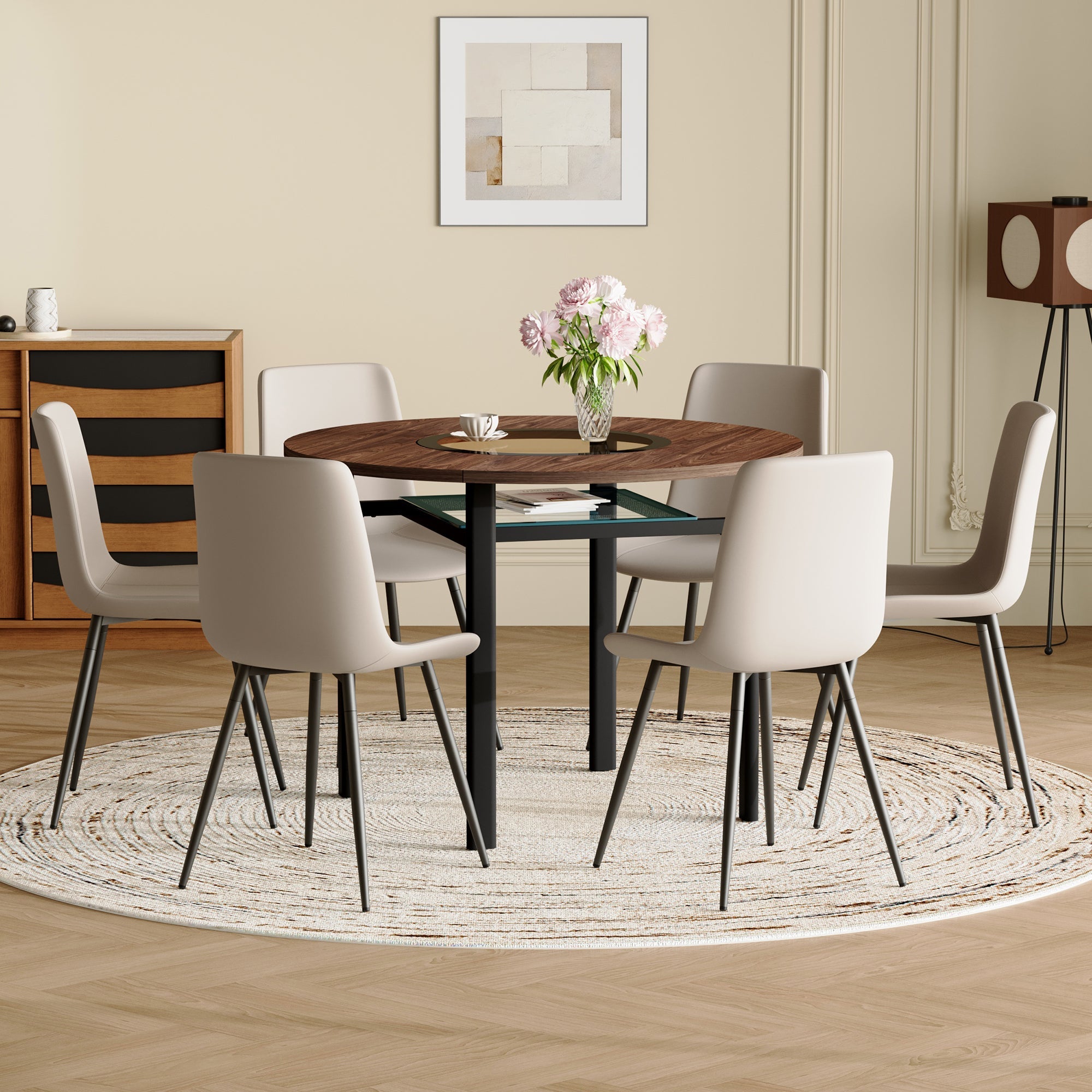 Table and chair set.42 inch modern minimalist brown wood grain round dining table set.Paired with 6 Black Artificial PU Chairs With Curved Widened Cushion Design. Suitable for dining rooms,office,etc.