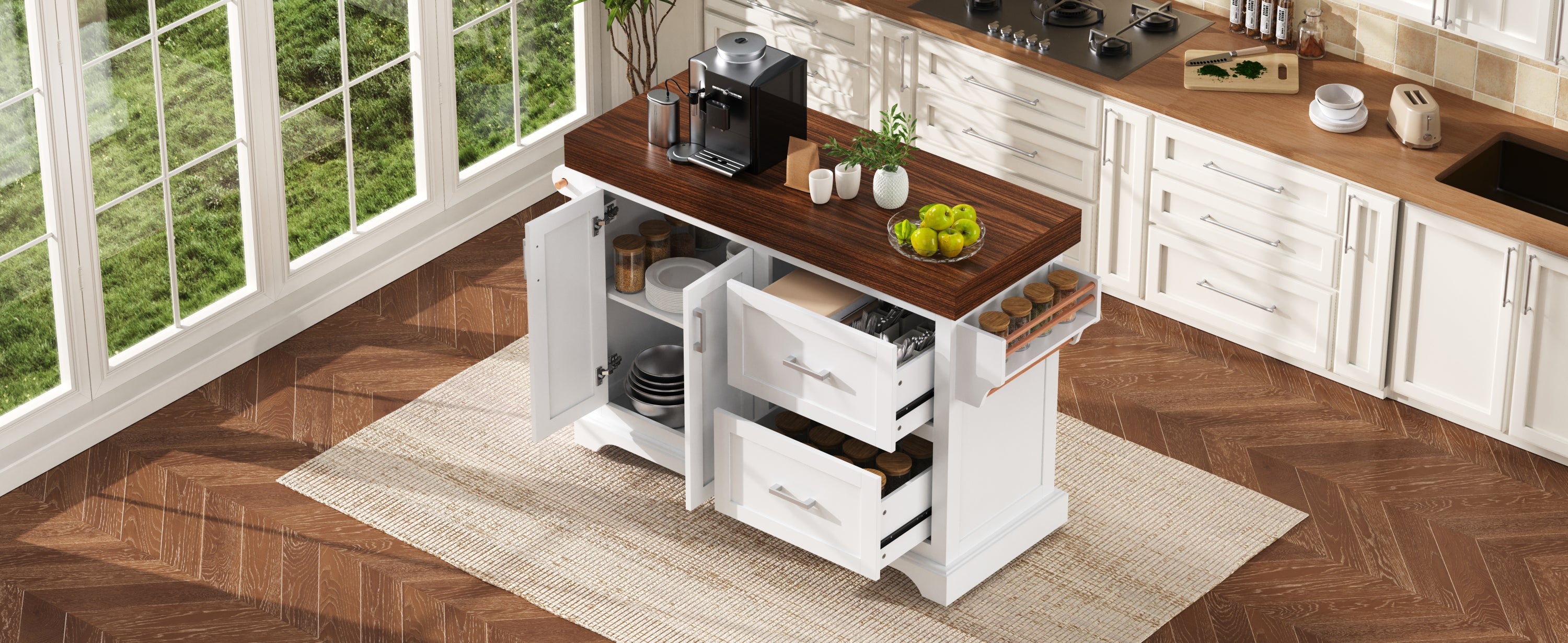 K&K 53' Large Kitchen Island with 3.5' Thick Desktop, Spice and Towel Racks, Rolling Kitchen Island with Storage on 5 Wheels, 2 Extra-large Drawers, for Home, Kitchen, Dining Room, Black