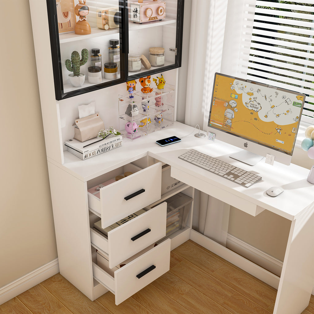 White office desk drawer and shelf organization detail