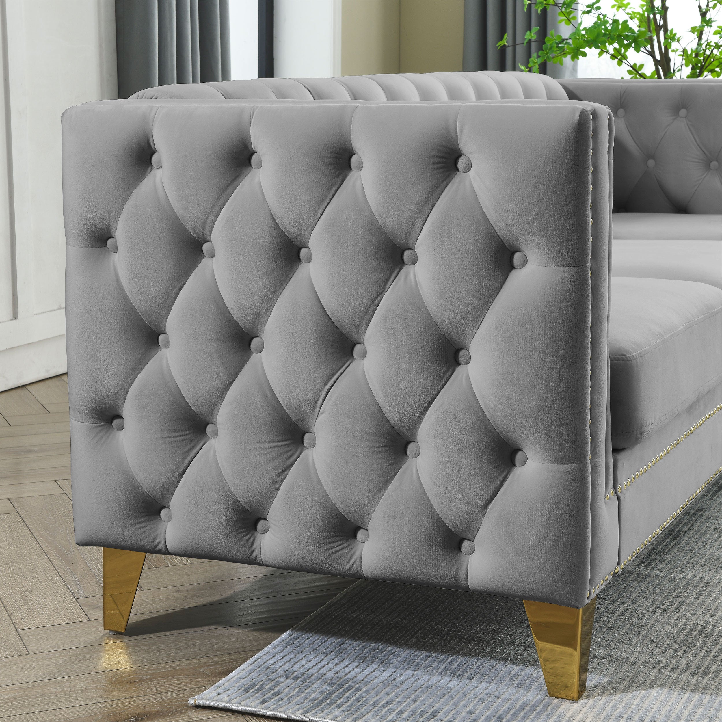 Grey velvet upholstery texture close-up