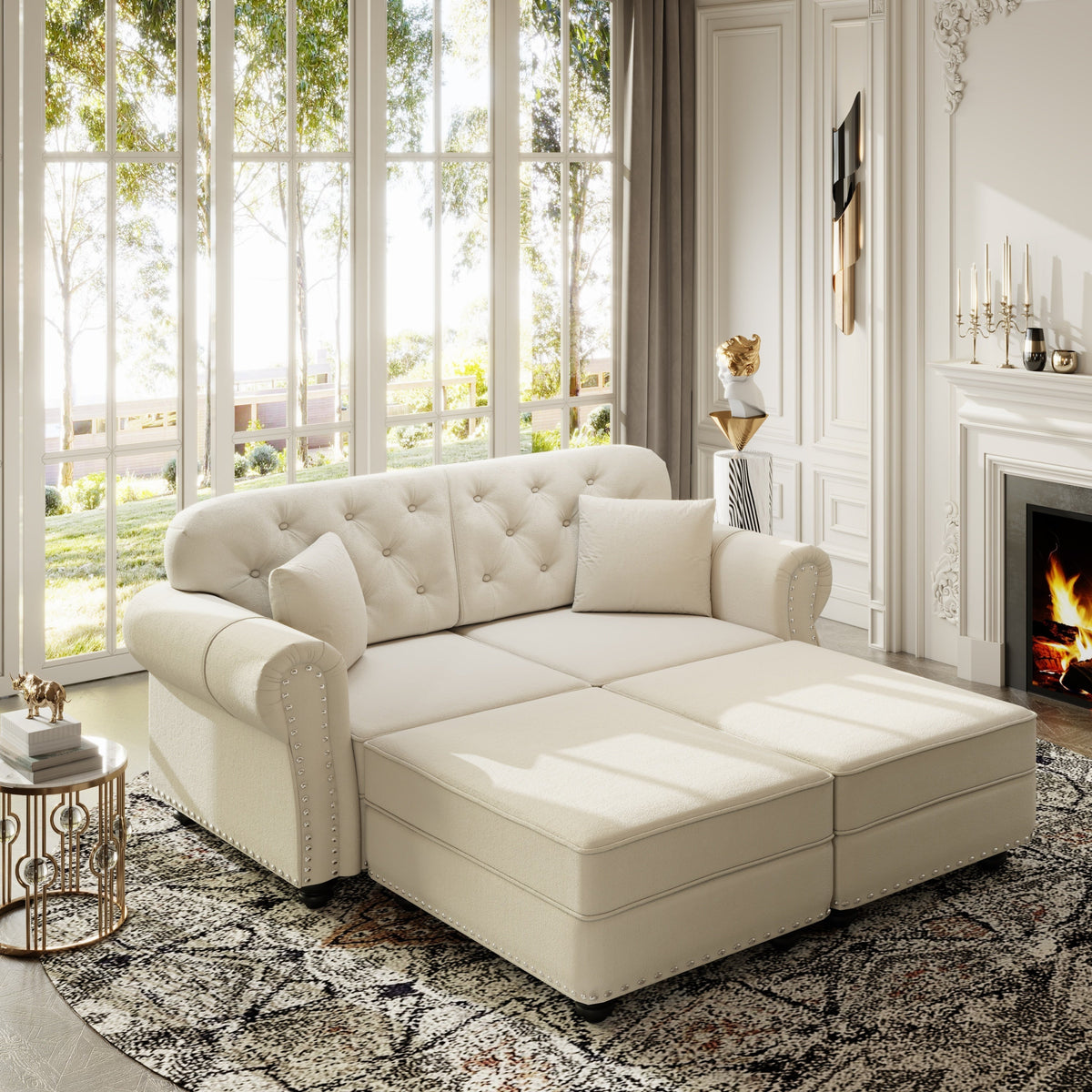 63'Upholstered Velvet Sofa with Nailhead Trim and Rolled Armrests,Mid-Century Modern Chesterfield Sofa with Button Tufted,Includes 2 Pillows,Beige/White