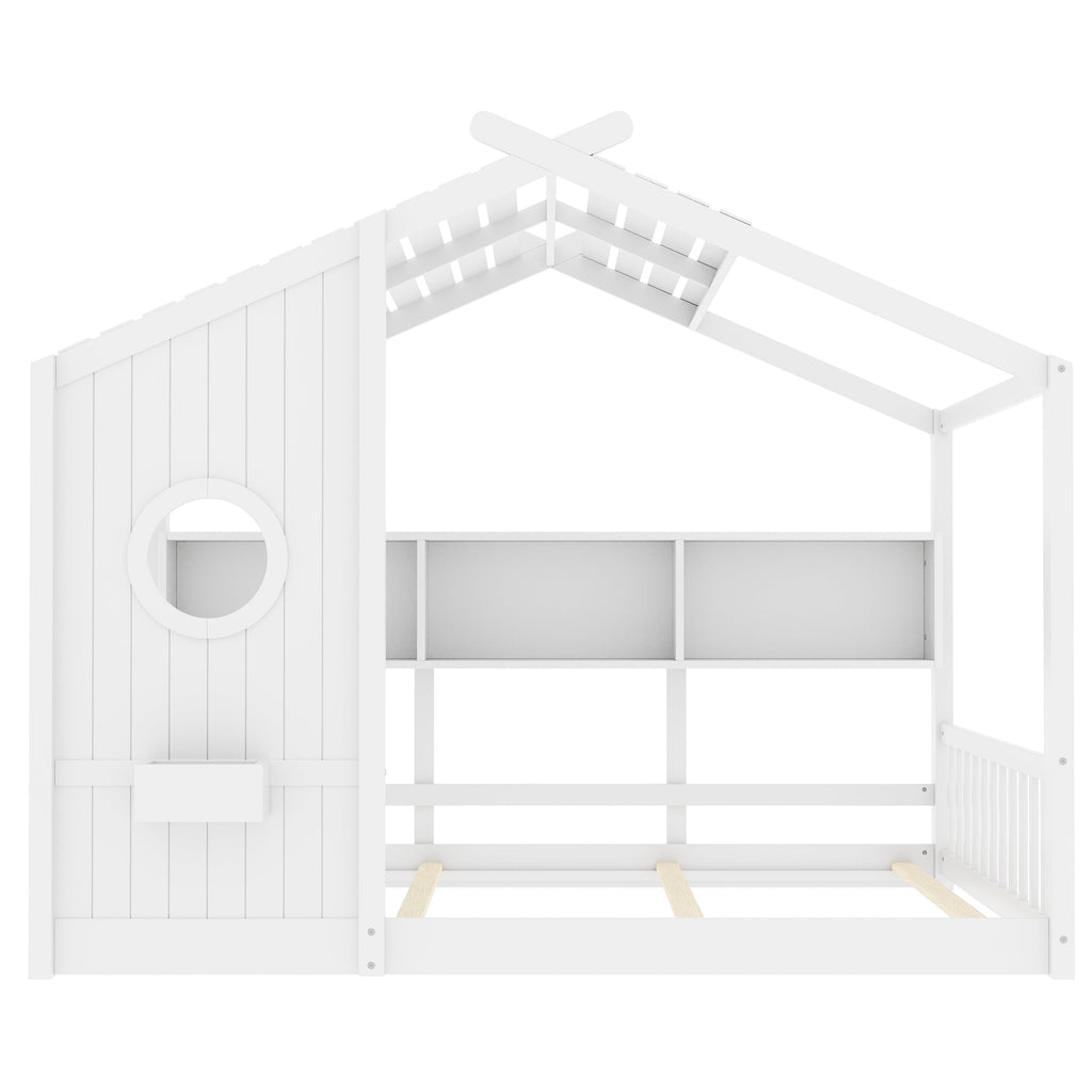 Full Size Floor House Bed for Toddler, Kids Montessori Bed with Storage Shelf, Playhouse Bed with Roof Design, Gray