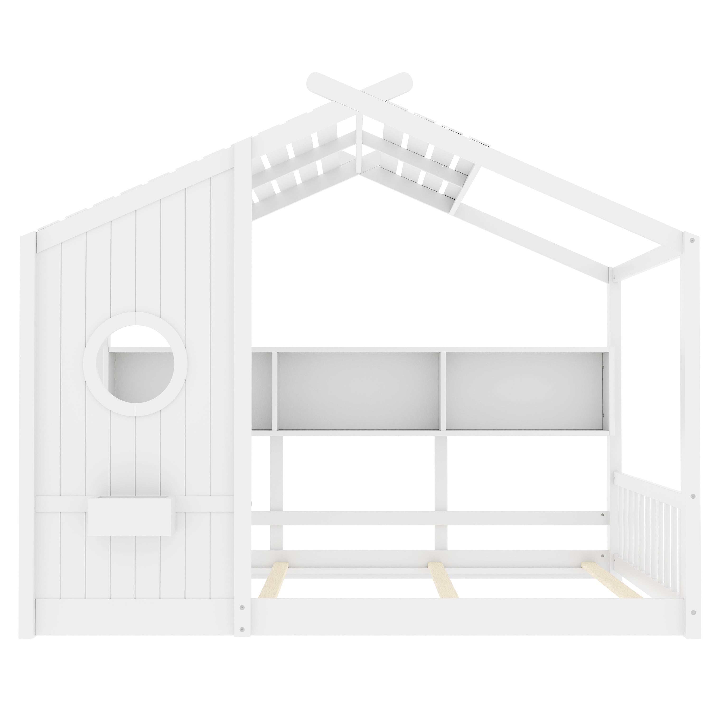 Full Size Floor House Bed for Toddler, Kids Montessori Bed with Storage Shelf, Playhouse Bed with Roof Design, Gray