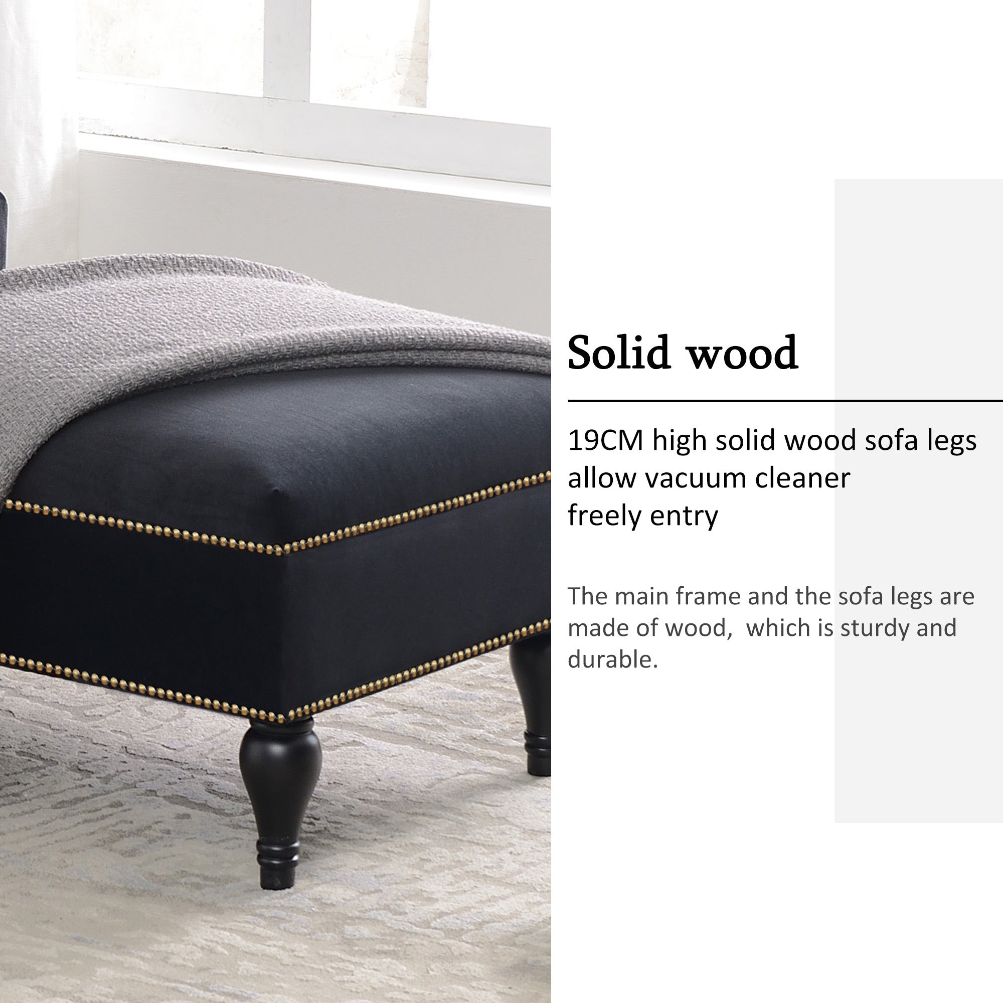 Black velvet chaise lounge in living room setting