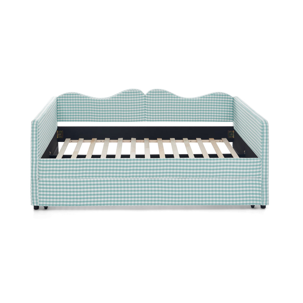 Full‑Size Daybed,Gingham Upholstered Daybed Equipped with Pull-Out Trundle Bed Frame & Side Storage Pocket, Solid Wood Frame Multi-Functional Sofa Bed for Kids Room & Guest Bedroom-PINK