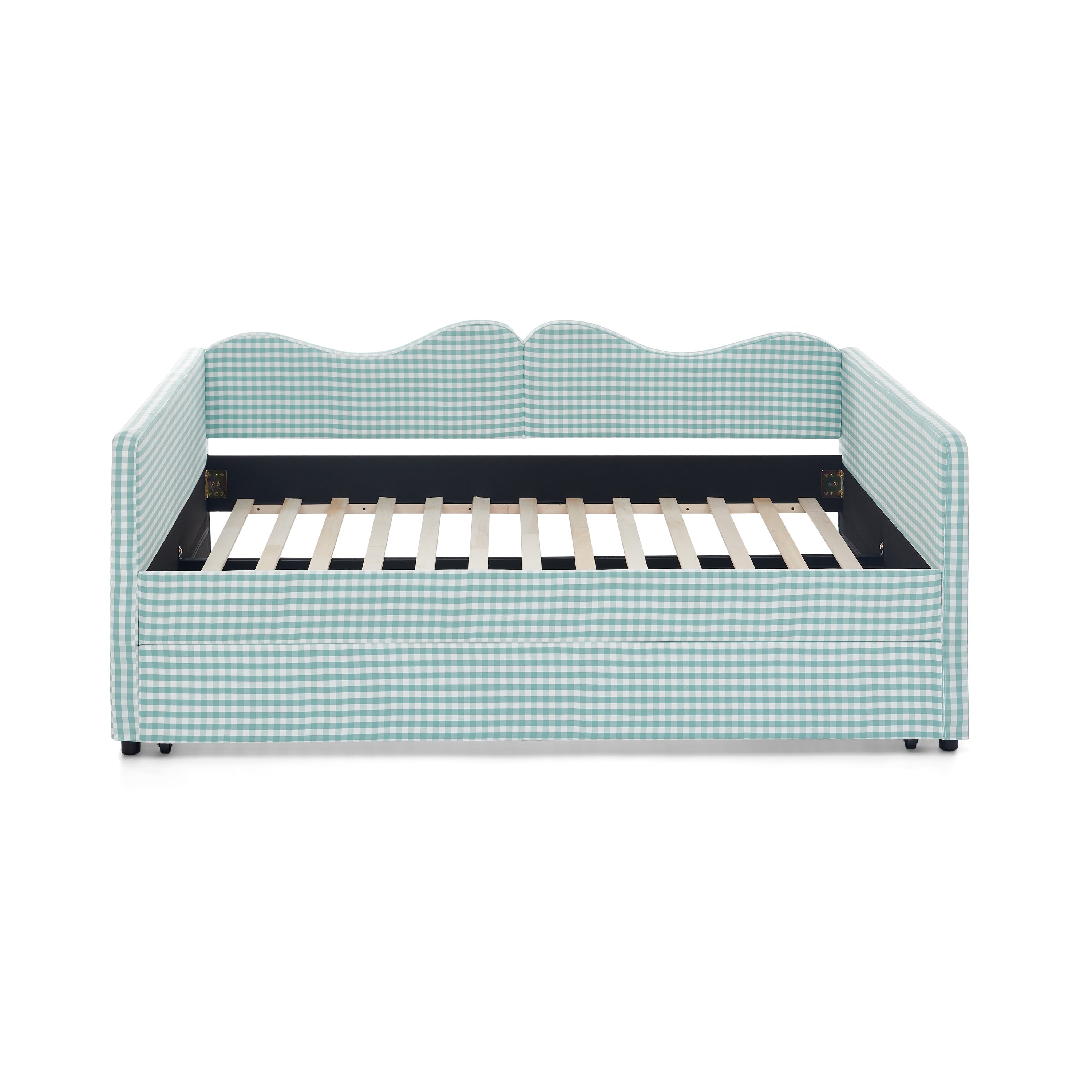 Full‑Size Daybed,Gingham Upholstered Daybed Equipped with Pull-Out Trundle Bed Frame & Side Storage Pocket, Solid Wood Frame Multi-Functional Sofa Bed for Kids Room & Guest Bedroom-PINK