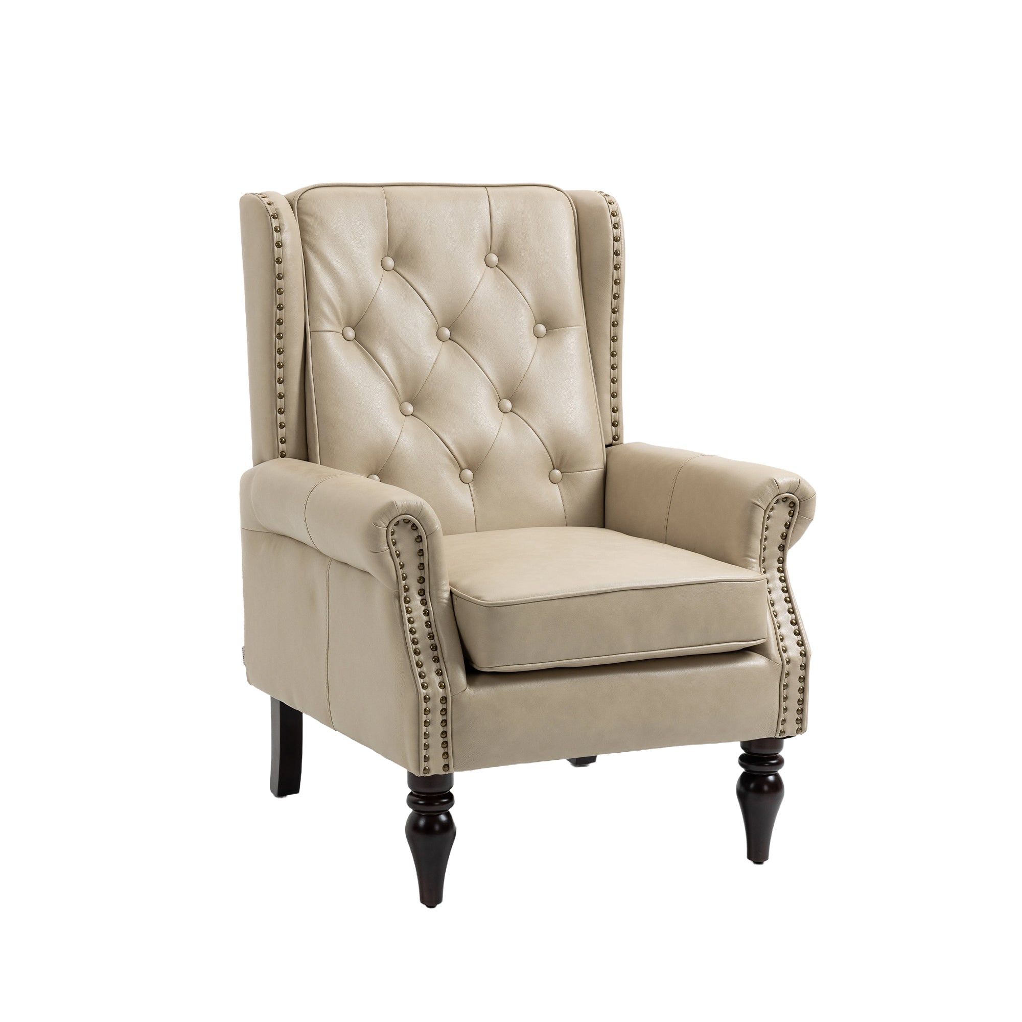 Camel PU leather accent armchair with wood legs — front view