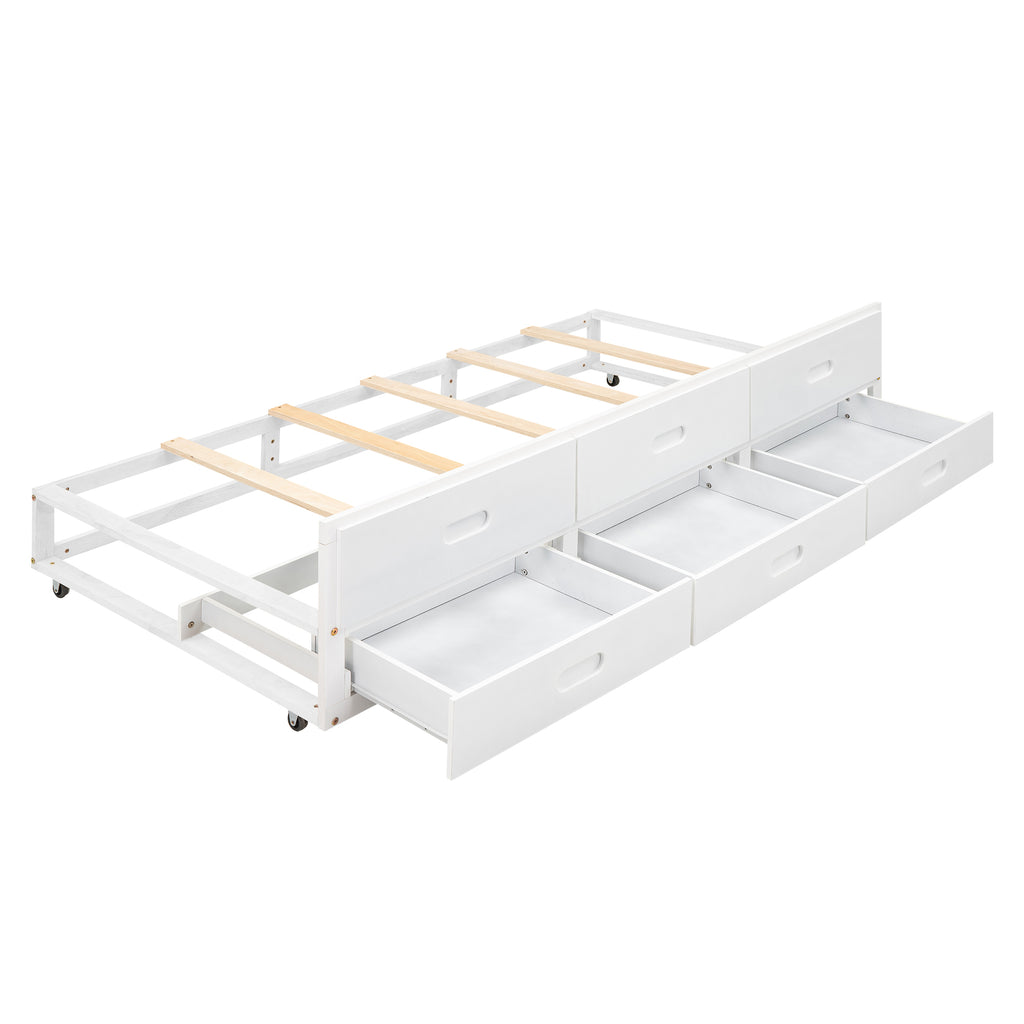 White platform bed wood slat support — no box spring