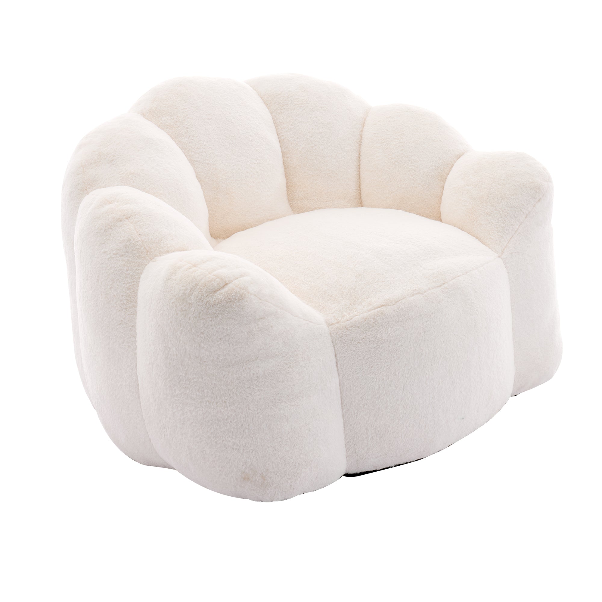 White faux fur lotus compression bean bag floor chair — front view