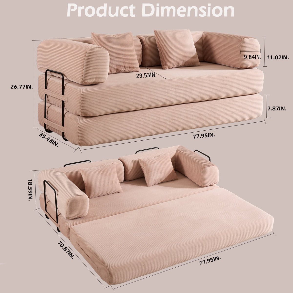 Convertible Sleeper Sofa Bed with Cylindrical Pillow, Corduroy Folding Mattress Couch with Fixed-Shape Frame, Floor Sofa Lounge Couch for Living Room Bedroom Black