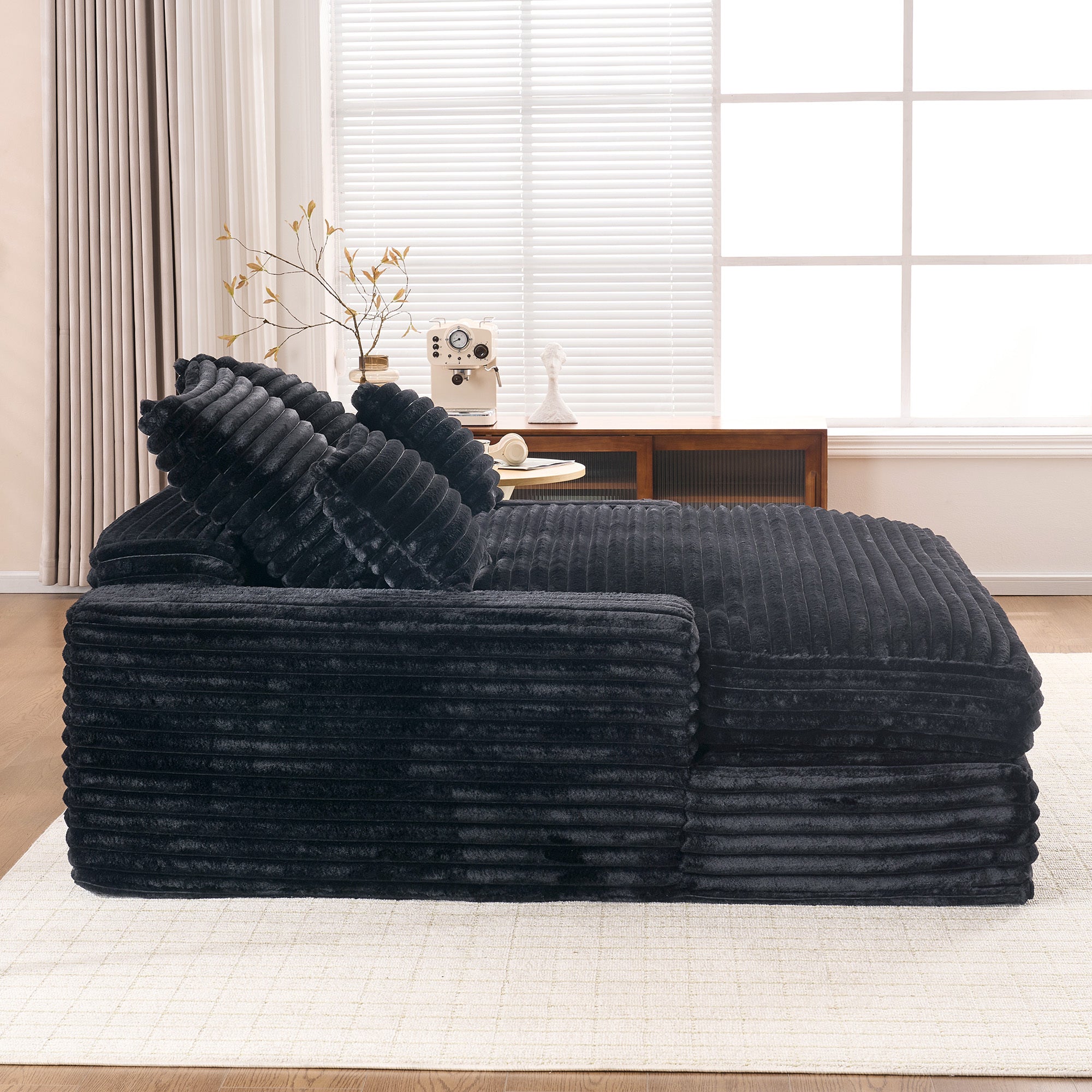 028DR-Oversized chaise Lounge chair, Upholstered Sleeper Sofa Bed with 4 Throw Pillows and Armrests, Corduroy Fabric Plush Lounge Chair Bed for Living Room, Apartment & Small Spaces, Black
