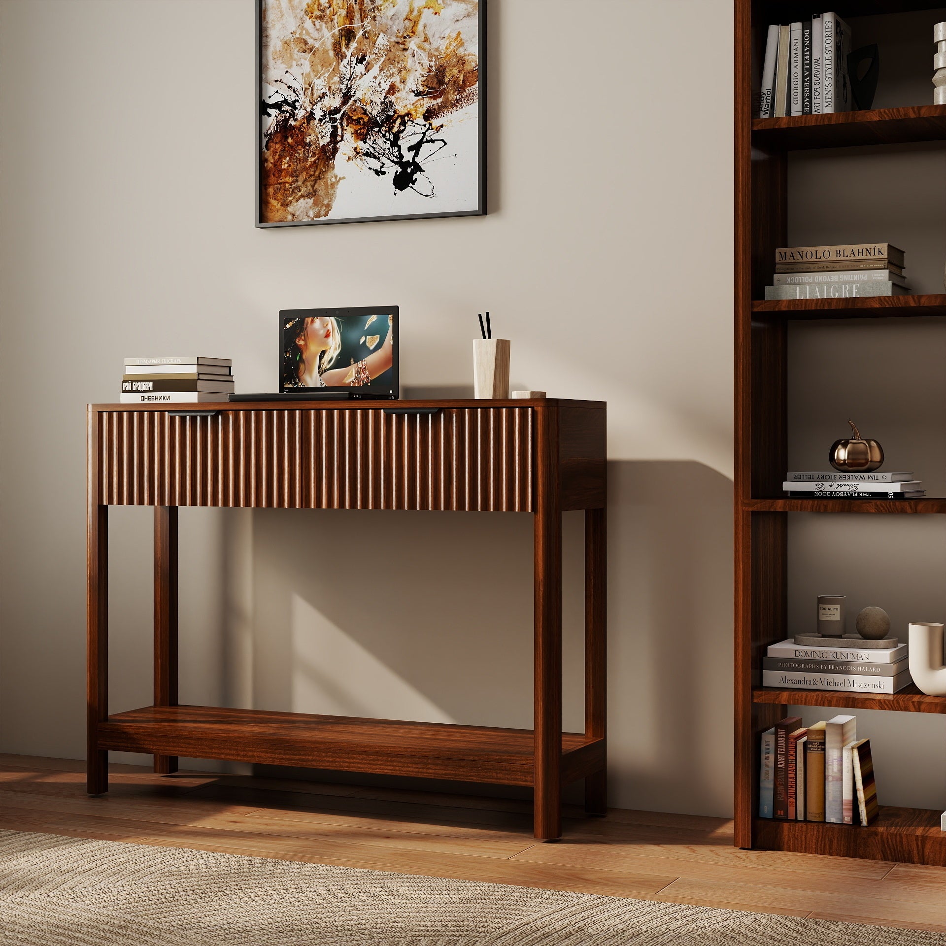 39 inch walnut console table fluted drawer fronts — full overview