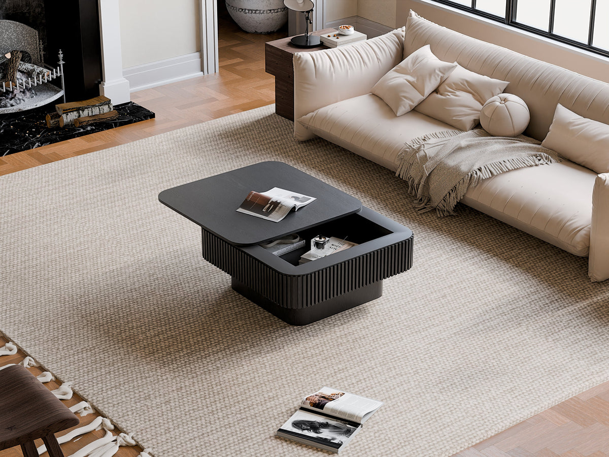 31.5'' Square Coffee Table with Storage Solid Wood Veneered Modern Coffee Table Accent Tea Table for Living Room, Bedroom, Apartment or Office, Natural Wood
