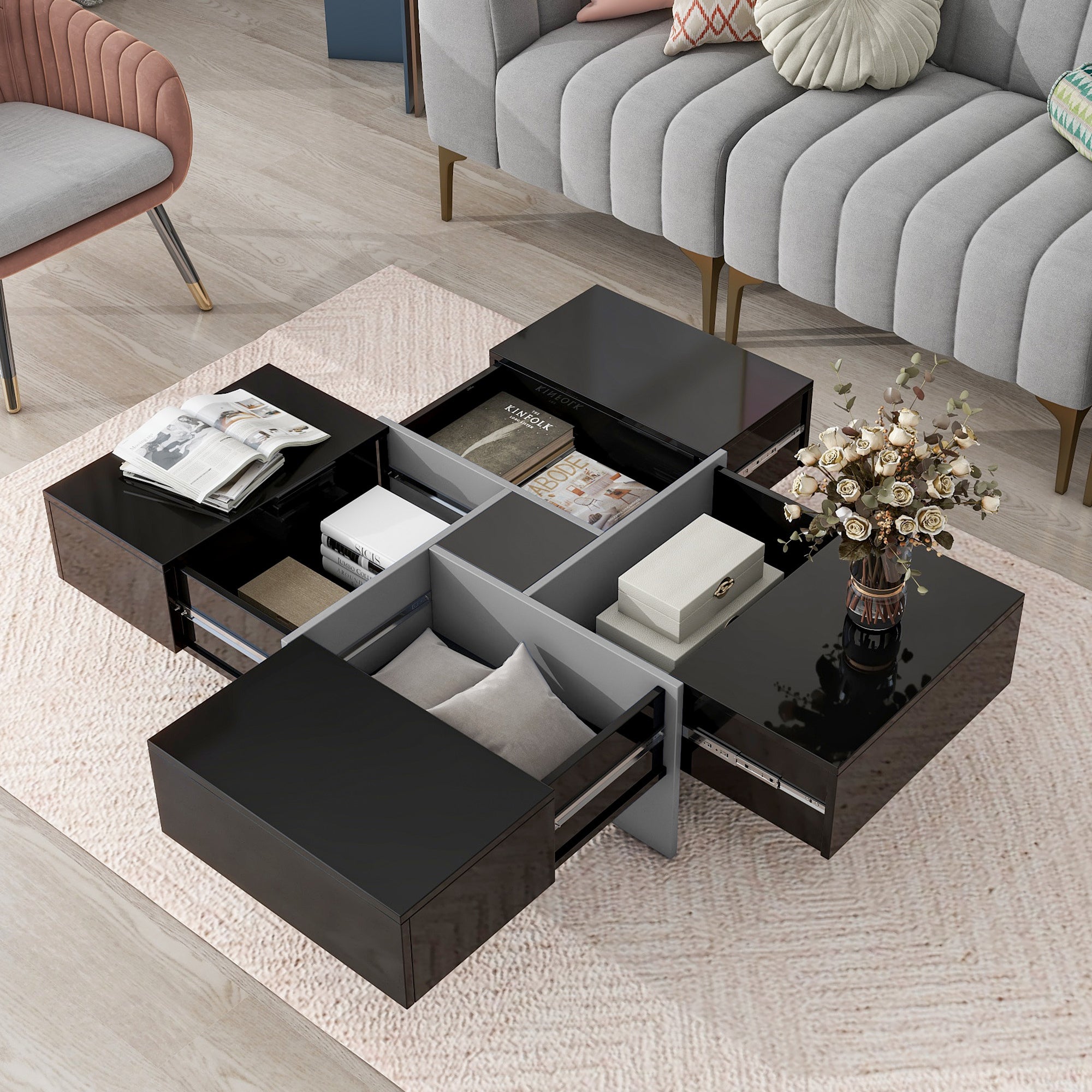 Black square coffee table UV high-gloss finish — front view