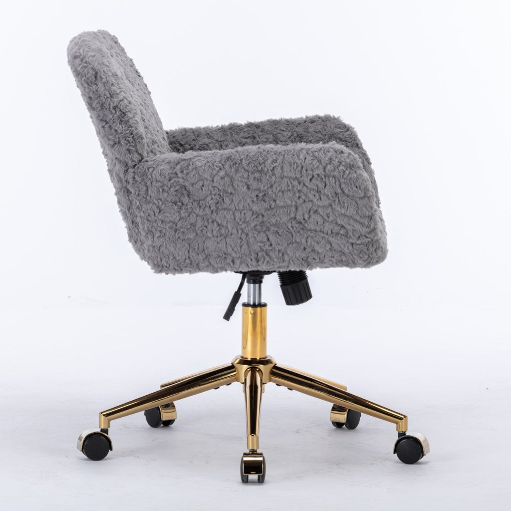 Faux Fur Office Chair — 40° Reclining with Gold Metal Base & Wheels