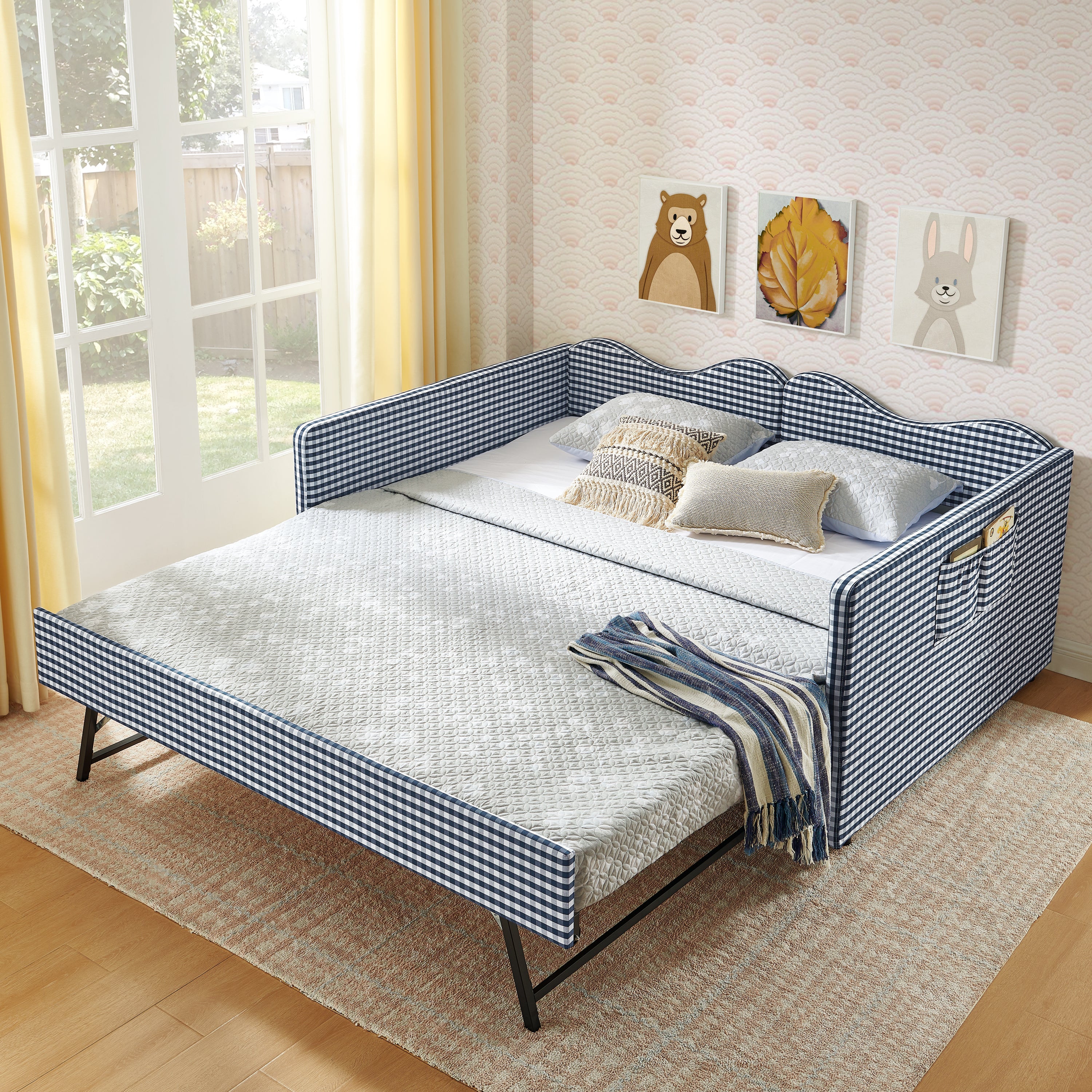 Full‑Size Daybed,Gingham Upholstered Daybed Equipped with Pull-Out Trundle Bed Frame & Side Storage Pocket, Solid Wood Frame Multi-Functional Sofa Bed for Kids Room & Guest Bedroom-PINK