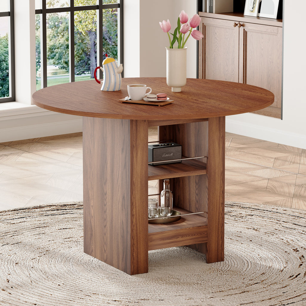 42 inch round MDF walnut dining table: 30 inches high, with double-layer storage shelves, stable frame, and non slip mats, perfect for American kitchens, dining rooms, and apartment spaces.