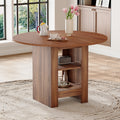 42 inch round MDF walnut dining table: 30 inches high, with double-layer storage shelves, stable frame, and non slip mats, perfect for American kitchens, dining rooms, and apartment spaces.