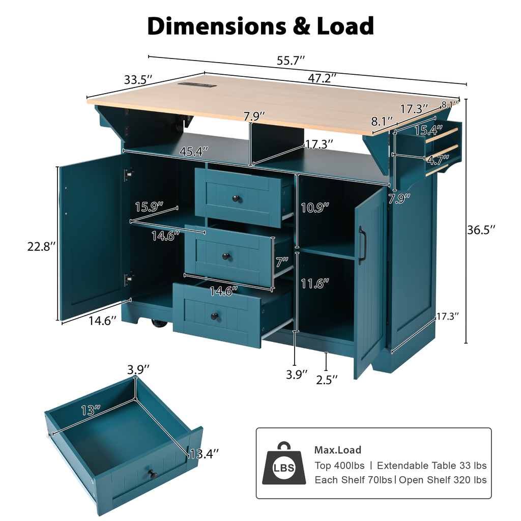 K&K 55.7'' Large Kitchen Island with 2 Drop Leaf,, Rolling Kitchen Cart on 5 Wheels with Power Outlet, Folding Storage Dining Table with Spice & Towel Rack , 3 Drawers, for Kitchen, Dining Room,Black