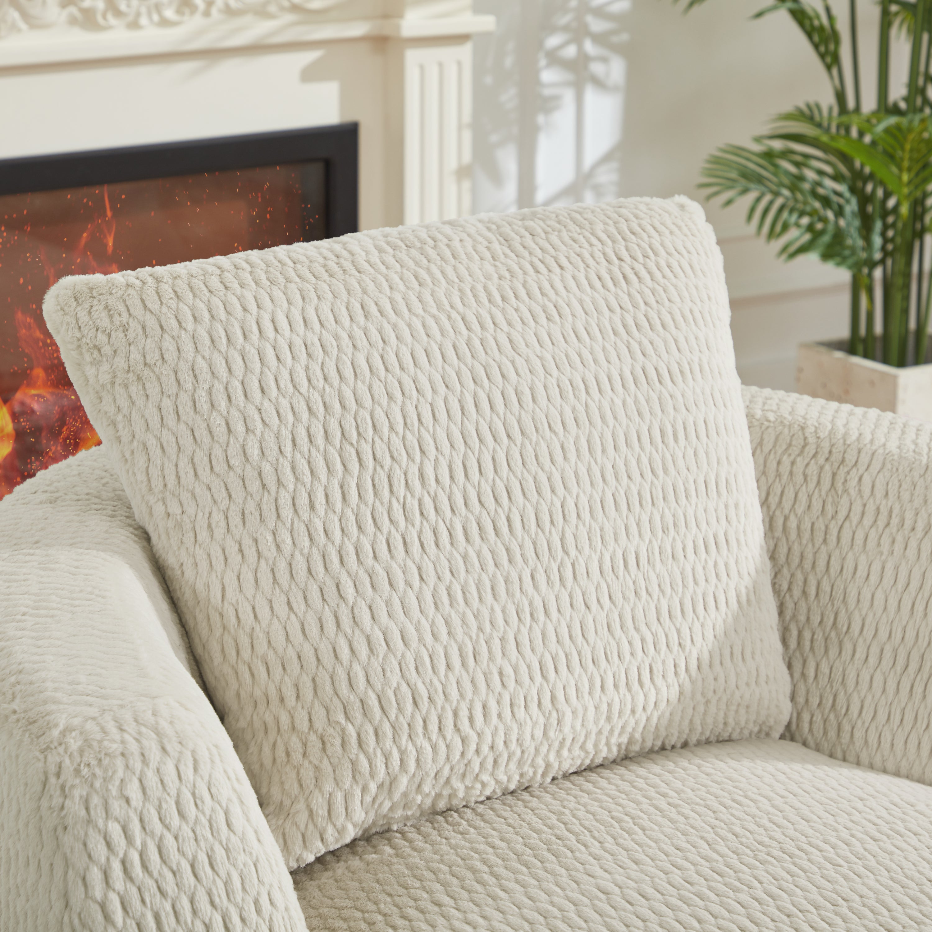 Cream faux fur fabric texture close-up