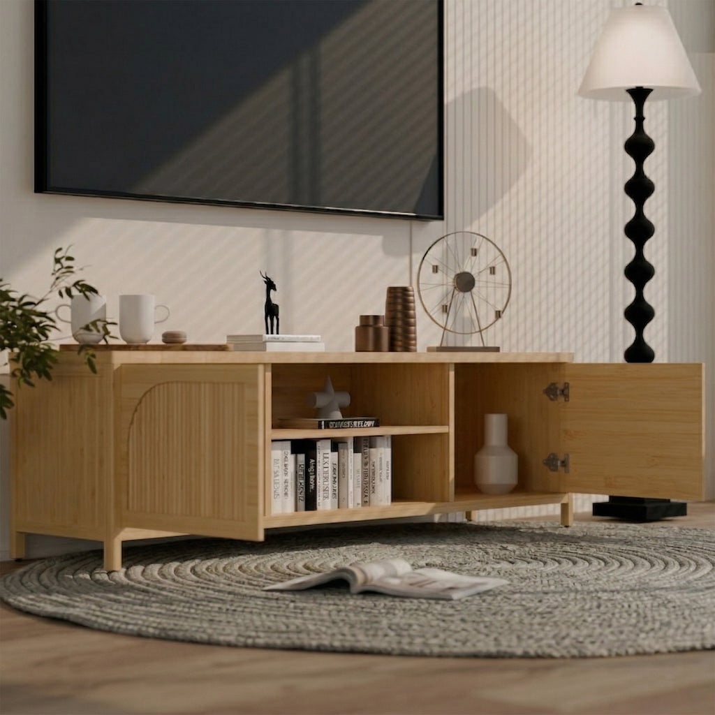 Natural bamboo TV stand open shelf storage detail
