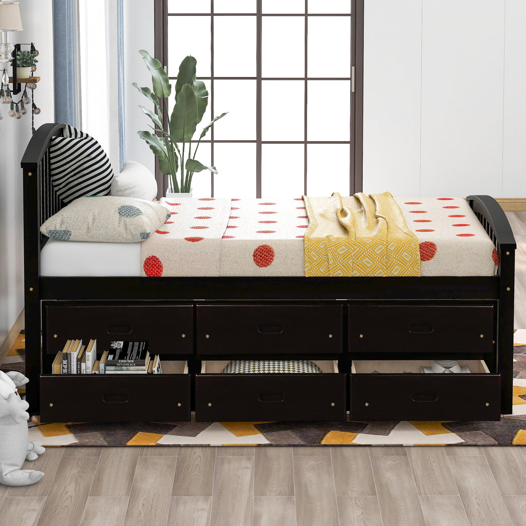 Six storage drawers underneath twin platform bed