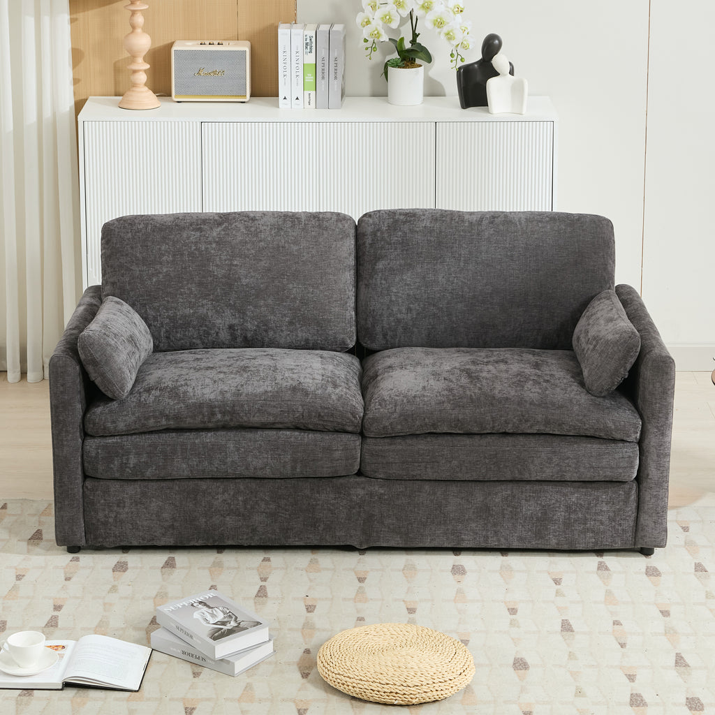 Gray chenille sofa side profile with rolled arms