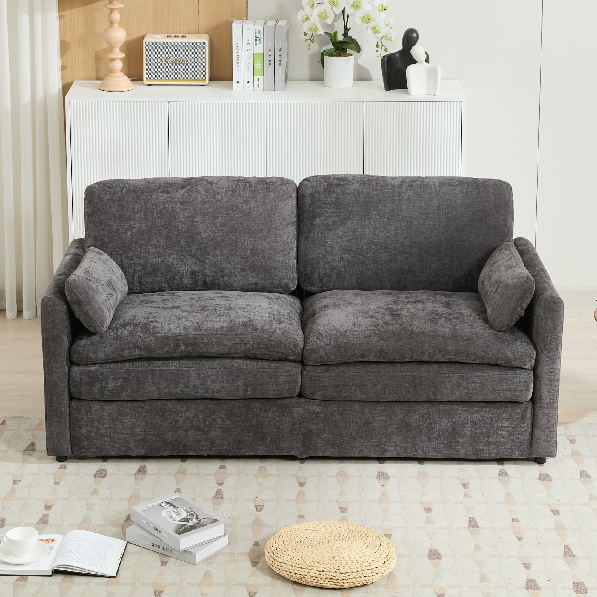 Gray chenille sofa side profile with rolled arms