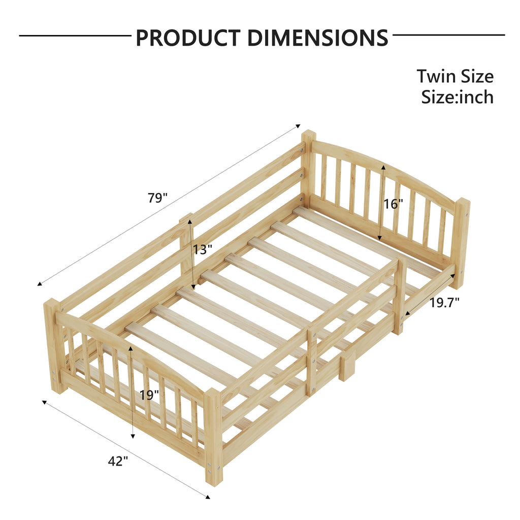 Twin Montessori Floor Bed with Slats and Safety Guardrails, Solid Wood Floor Bed with Fence and Without Door, Easy Assemble Montessori Bed for Girls and Boys, Gray