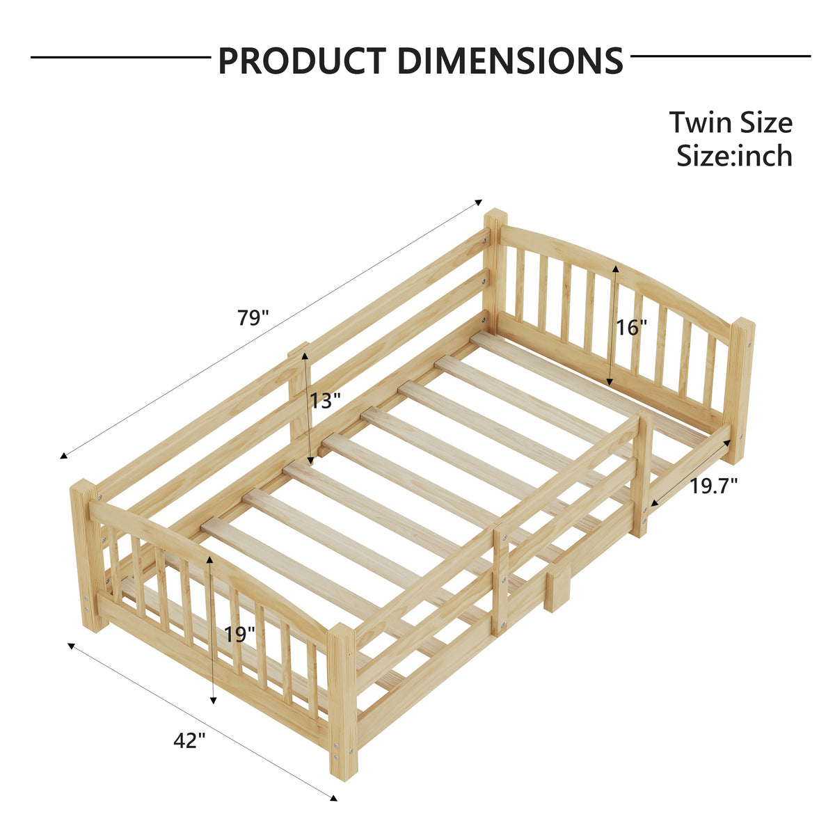 Twin Montessori Floor Bed with Slats and Safety Guardrails, Solid Wood Floor Bed with Fence and Without Door, Easy Assemble Montessori Bed for Girls and Boys, Gray