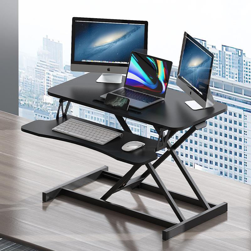 Black 32-inch height-adjustable desk converter — front view