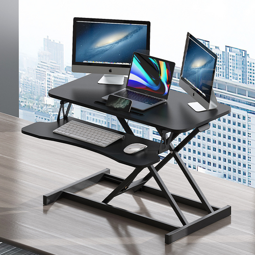 Black 32-inch height-adjustable desk converter — front view